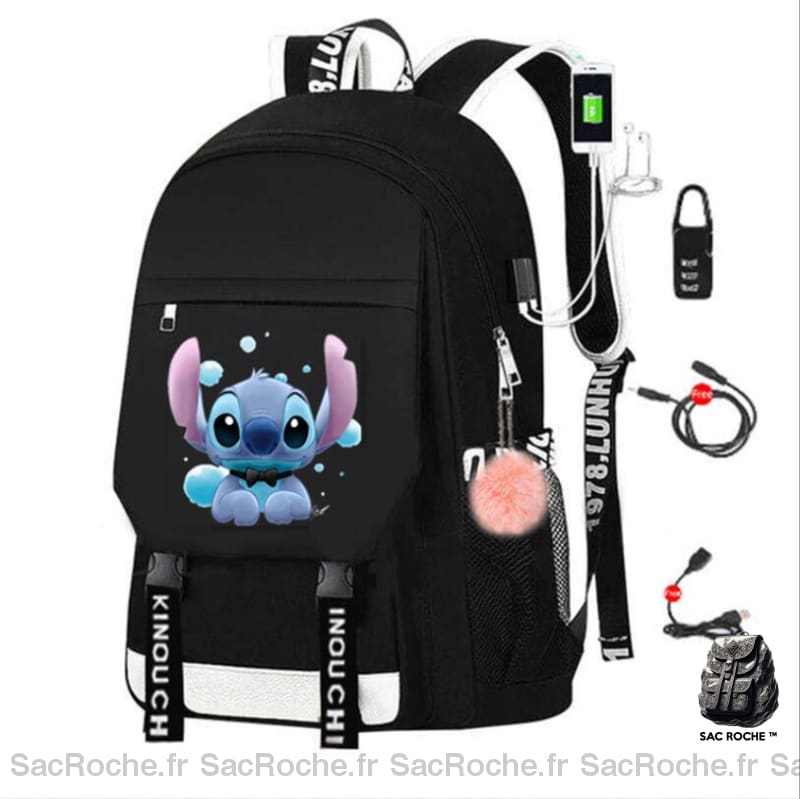 Sac à dos Stitch avec chargeur USB - Blanc - Sac à dos scolaire T-shirt