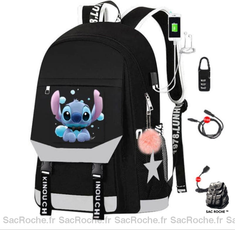 Sac à dos Stitch avec chargeur USB - Gris - T-shirt Sac à dos scolaire