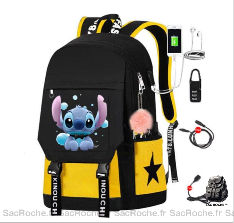 Sac à dos Stitch avec chargeur USB - Jaune - Sac à dos scolaire Sac à dos pour garçons