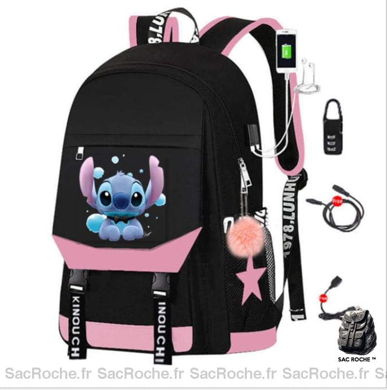 Sac à dos Stitch avec chargeur USB - Rose - T-shirt Sac à dos scolaire