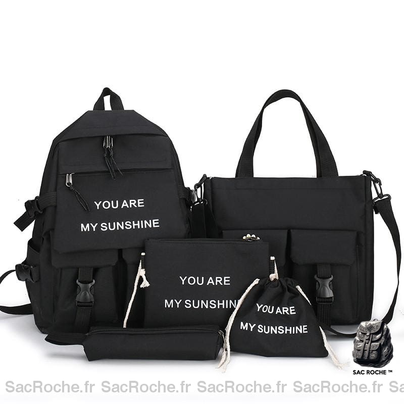 Ensemble de sac à dos en toile pour adolescentes et femmes en noir avec ecriture