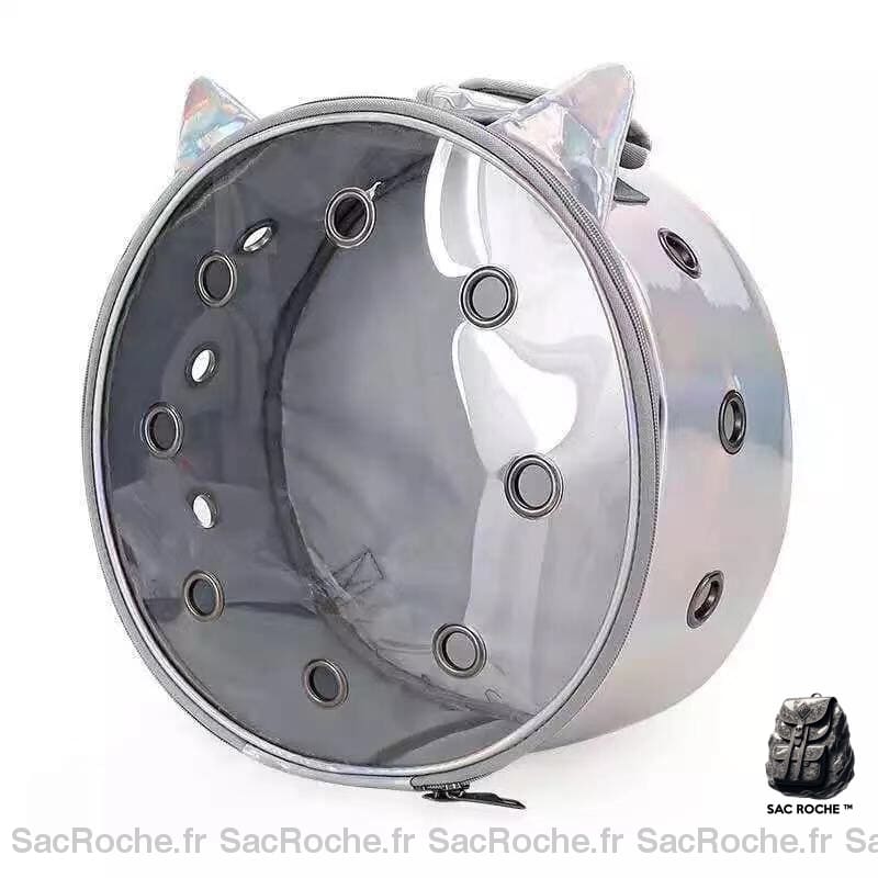 Sac à dos circulaire transparent pour animal gris avec un fond blanc