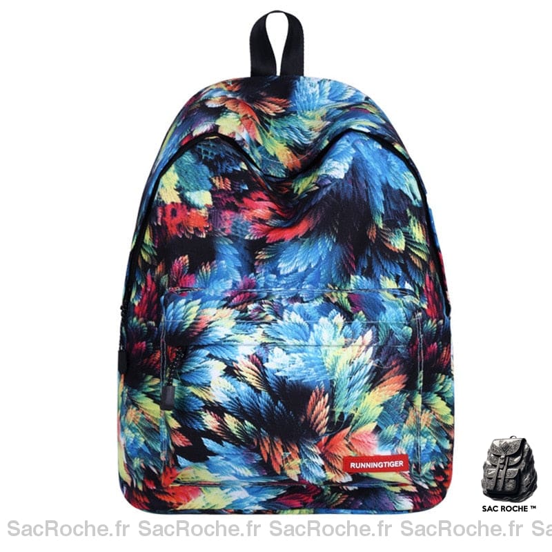 Sac à dos motif tropicaux noir avec des détails multicolore avec un fond blanc