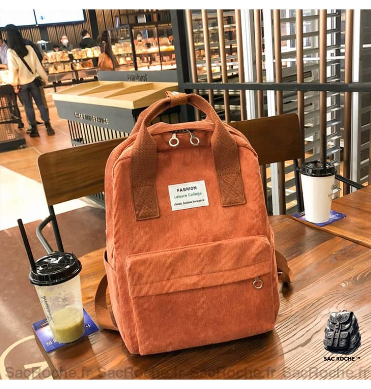 Sac à dos ordinateur femme en velours côtelé - Orange - Sac à dos scolaire Sac à dos