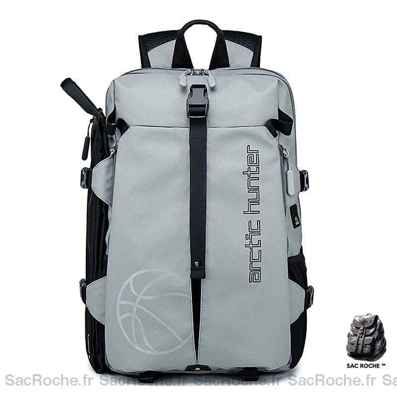 Sac à dos voyage avec sac à chaussures gris avec un fond blanc