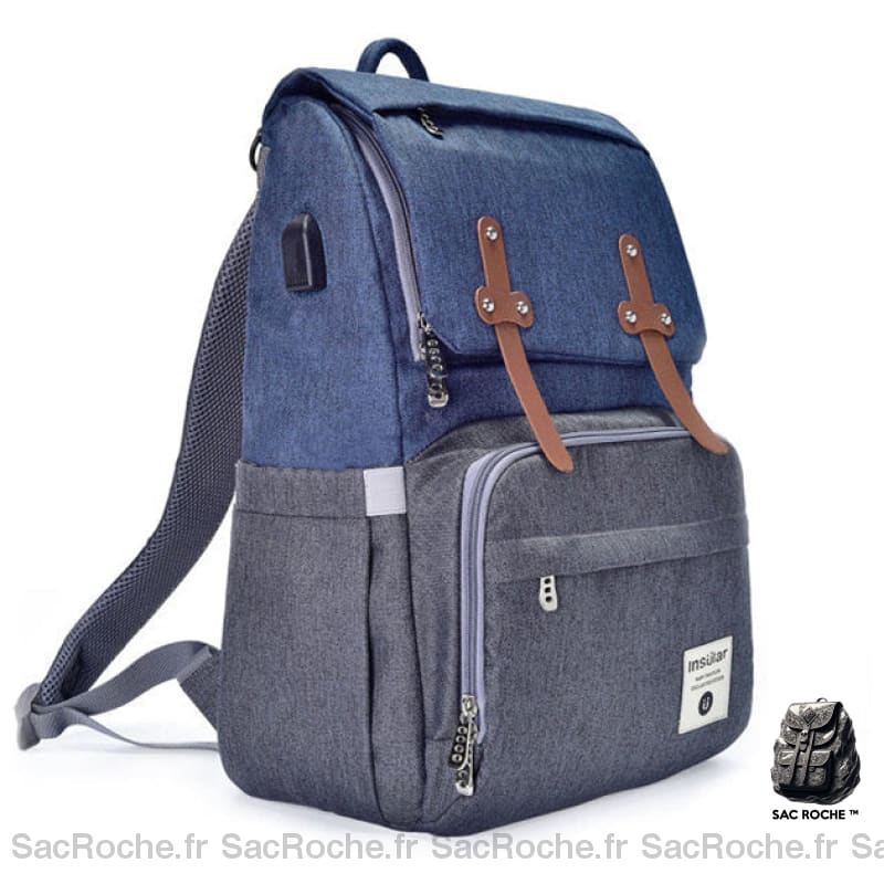 Sac À Langer Grande Capacité Usb Gris Et Bleu Langer
