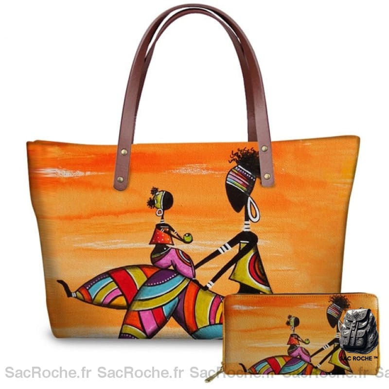 Sac À Main Femme Motif Africain Orange. 4 / 49X29X11.5Cm Main Femme