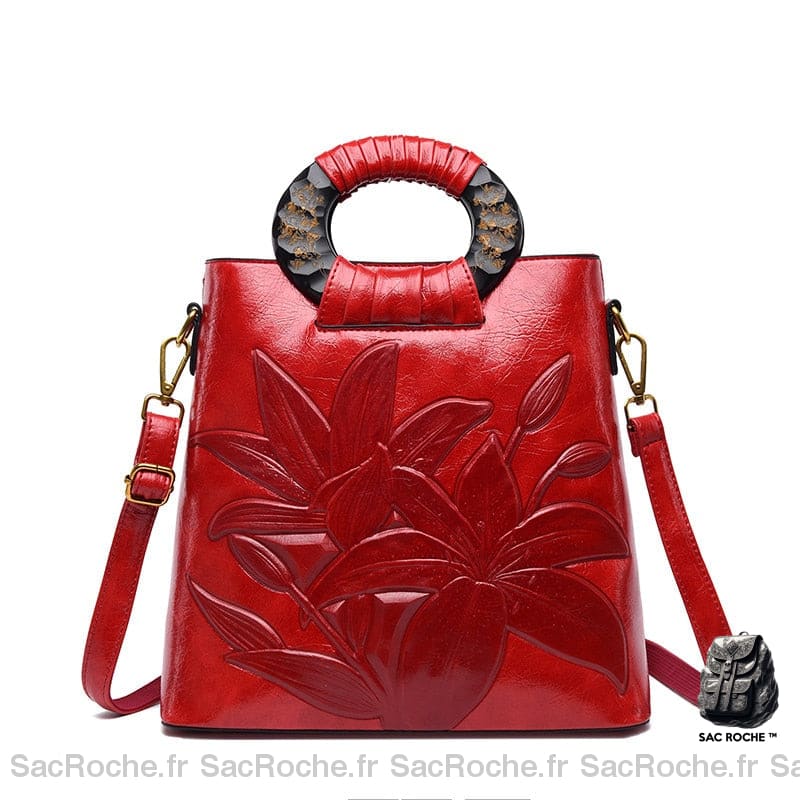 Sac À Main Fleurs En Cuir Rouge Petit Sac