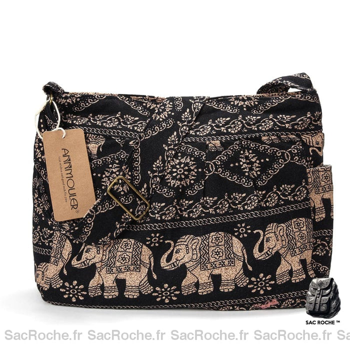 Sac Bandoulière Bohème Motifs Ethnique Éléphant Noir Sac À Main Femme