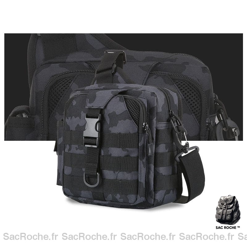 Sac à bandoulière militaire divers compartiments noir avec un fond noir et blanc