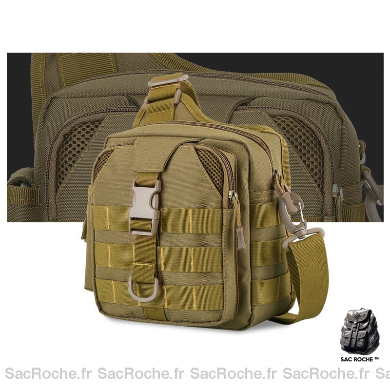 Sac à bandoulière militaire divers compartiments vert avec un fond blanc et une image en haut de la sacoche