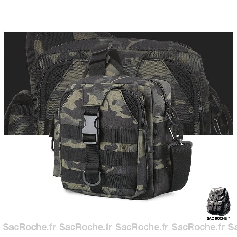 Sac à bandoulière militaire divers compartiments vert et noir avec un fond blanc