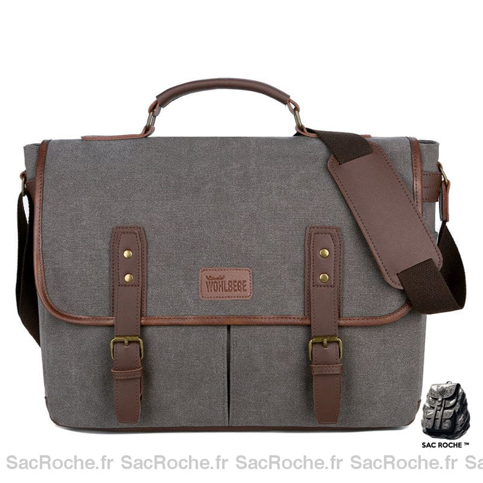 Sac à bandoulière style vintage 14 pouces pour ordinateur gris et marron avec un fond blanc