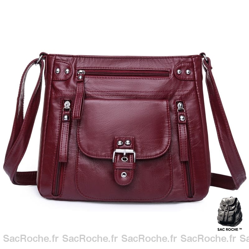 Sac Besace Femme En Cuir Souple Bordeaux / 27X10X24 Cm