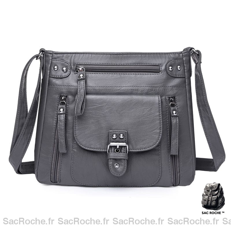 Sac Besace Femme En Cuir Souple Gris / 27X10X24 Cm