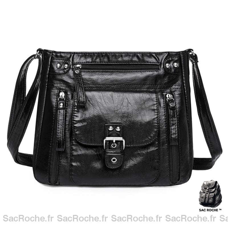 Sac Besace Femme En Cuir Souple Noir / 27X10X24 Cm