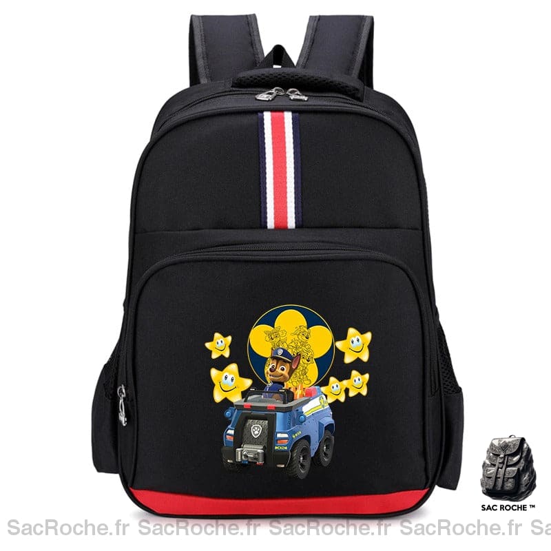 Sac à dos à motif Chase Pat Patrouille noir et rouge avec un fond blanc