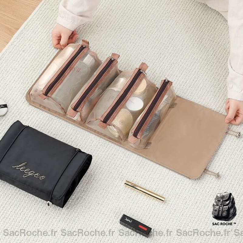 Sac à cosmétiques multipoches pour femmes beiges avec plusieurs objets