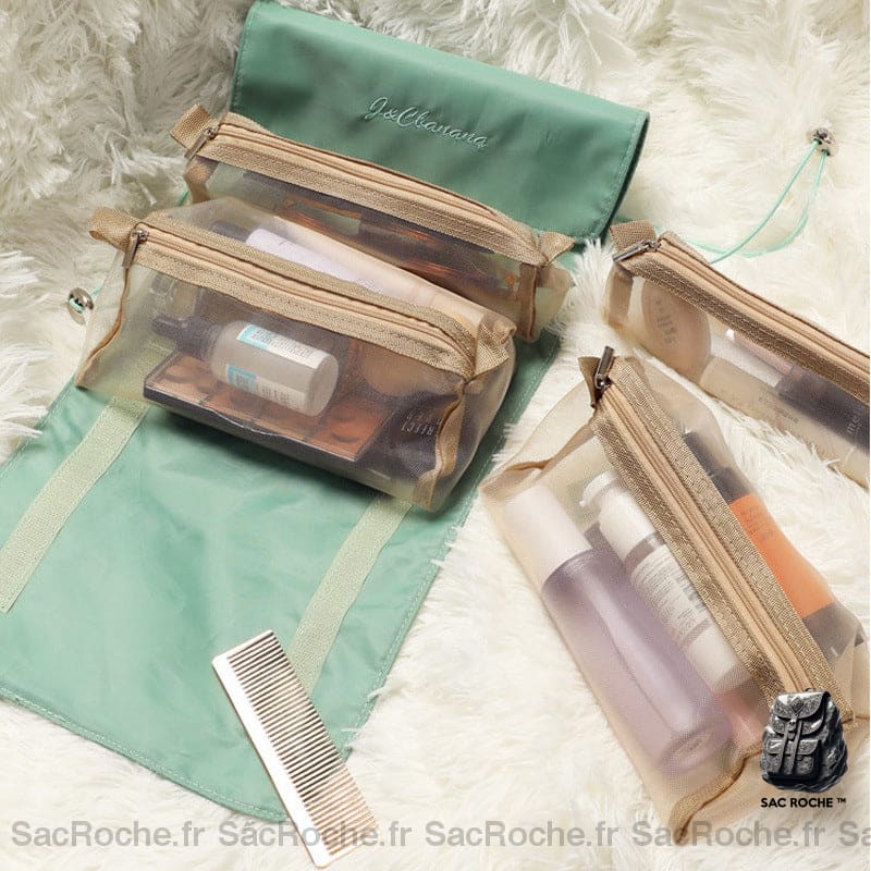 Sac à cosmétiques multipoches pour femmes sur une couverture blanche