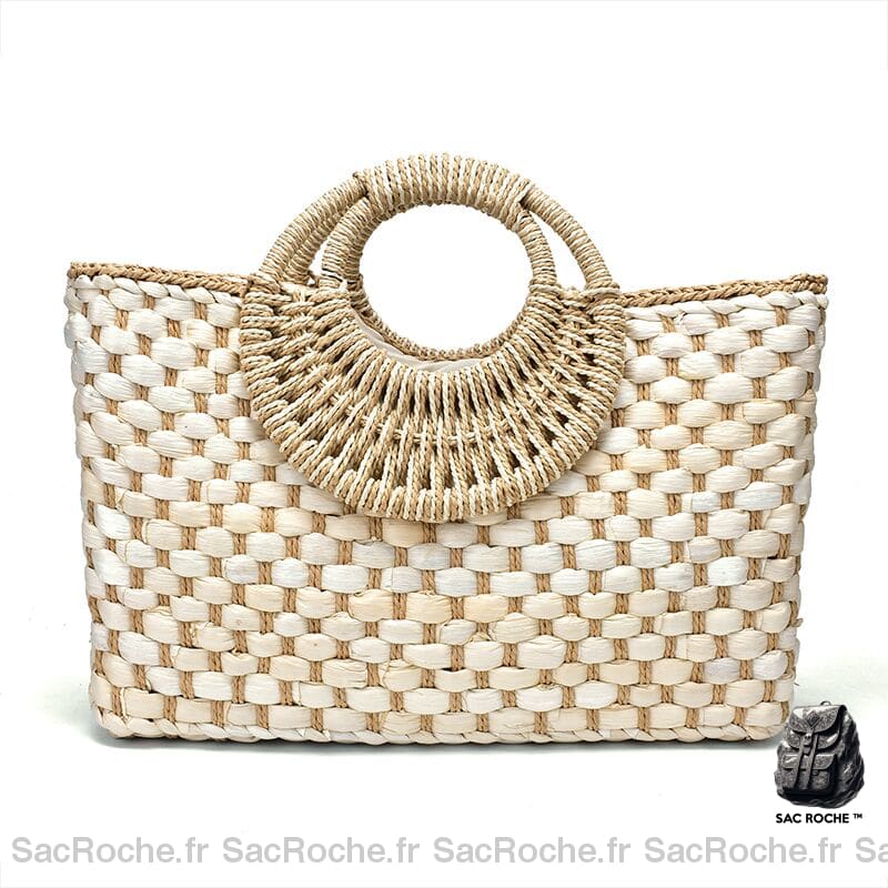 Sac De Plage Paille Anses Rondes Tissées Beige Sac À Main Femme