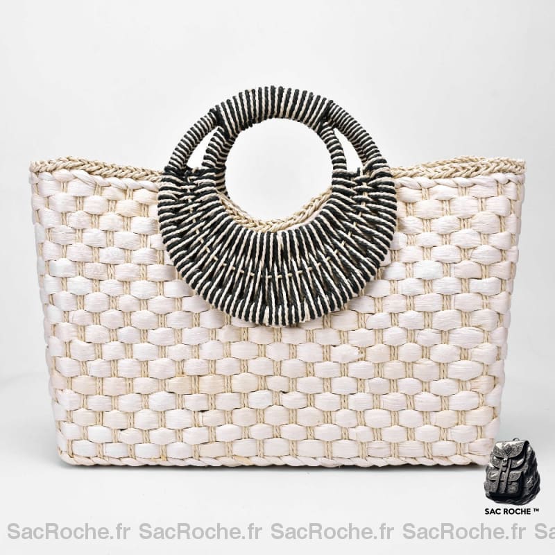 Sac De Plage Paille Anses Rondes Tissées Beige & Noir Sac À Main Femme