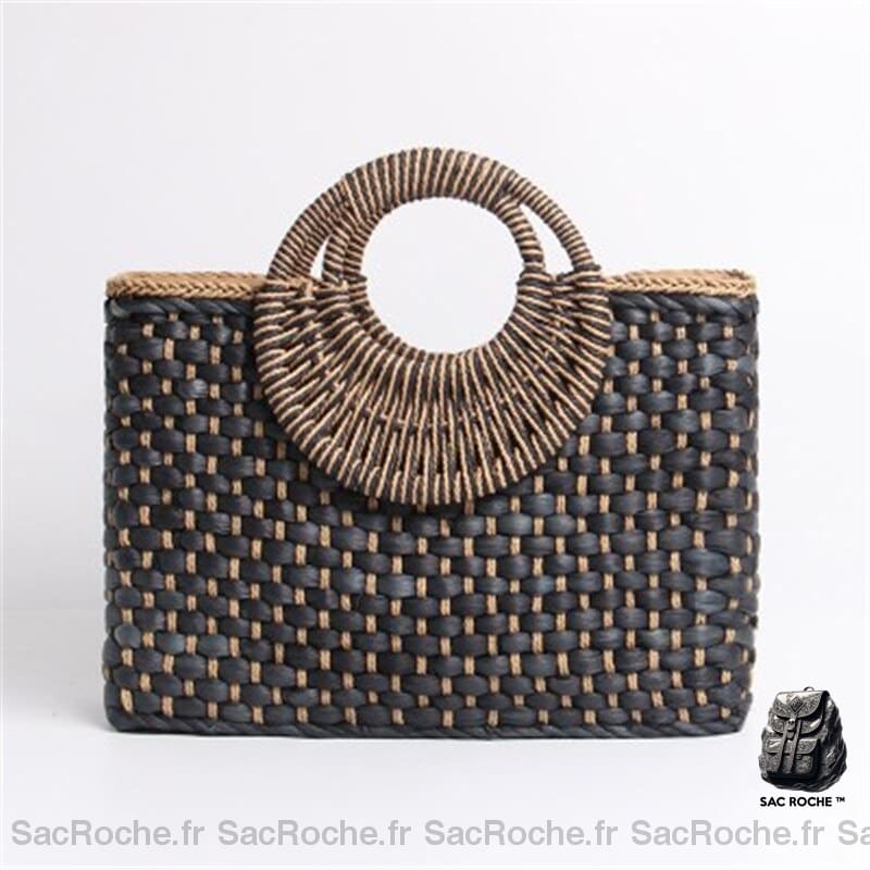 Sac De Plage Paille Anses Rondes Tissées Noir Sac À Main Femme