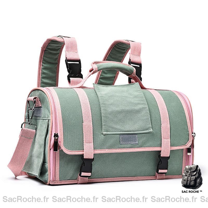 Sac de transport de qualité respirant pour chien et chat vert et rose avec un fond blanc