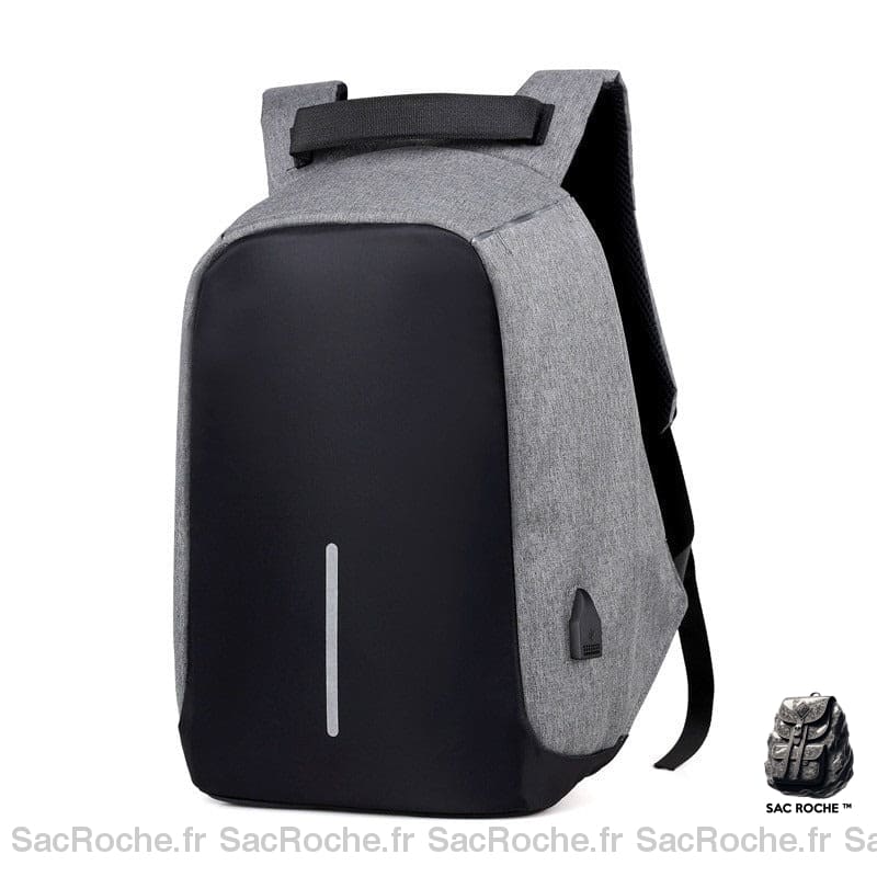 Sac à dos anti-vol imperméable et réfléchissant avec charge USB gris et noir avec un fond blanc