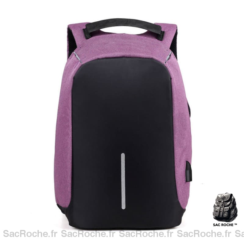 Sac à dos anti-vol imperméable et réfléchissant avec charge USB violet et noir avec un fond blanc