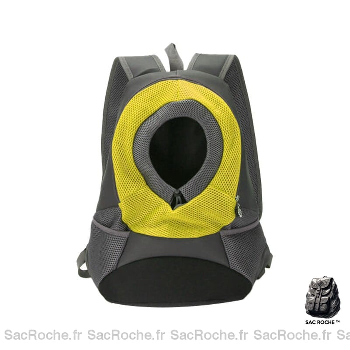 Sac à dos chat en maille respirante avec trou gris et jaune avec un fond blanc