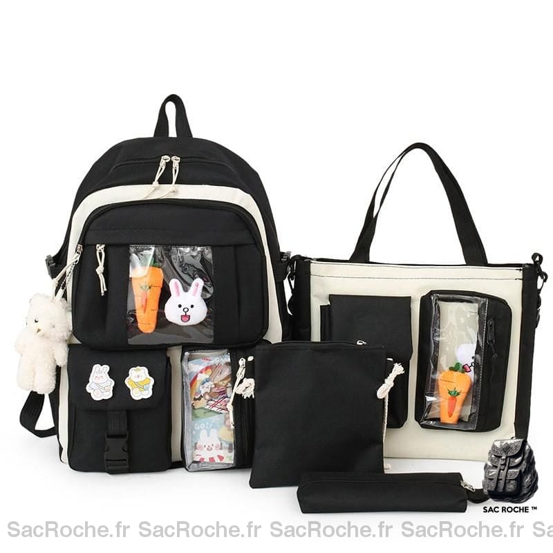 Sac à dos à multipoches pour adolescente noir et beige avec motif