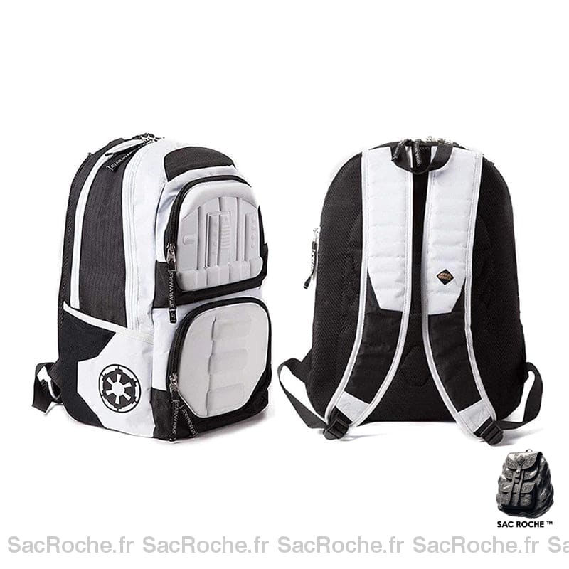 Sac à dos voyage style Star Wars blanc et noir avec un fond blanc