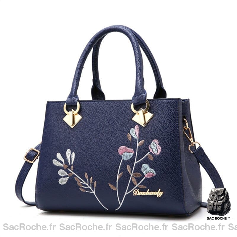 Sac Fleur Femme Main Bleu Sombre À