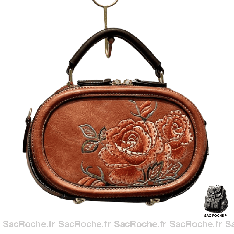 Sac Main Brodé Femme Camel / 20X13X10Cm À