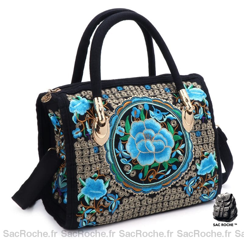 Sac Main Brodé Floral Blanc Bleu À Main Femme
