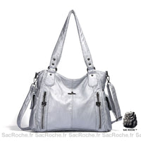 Sac Main Cuir Femme Vintage - modèle Argenté / 34x13x30cm - Sac Roche ™