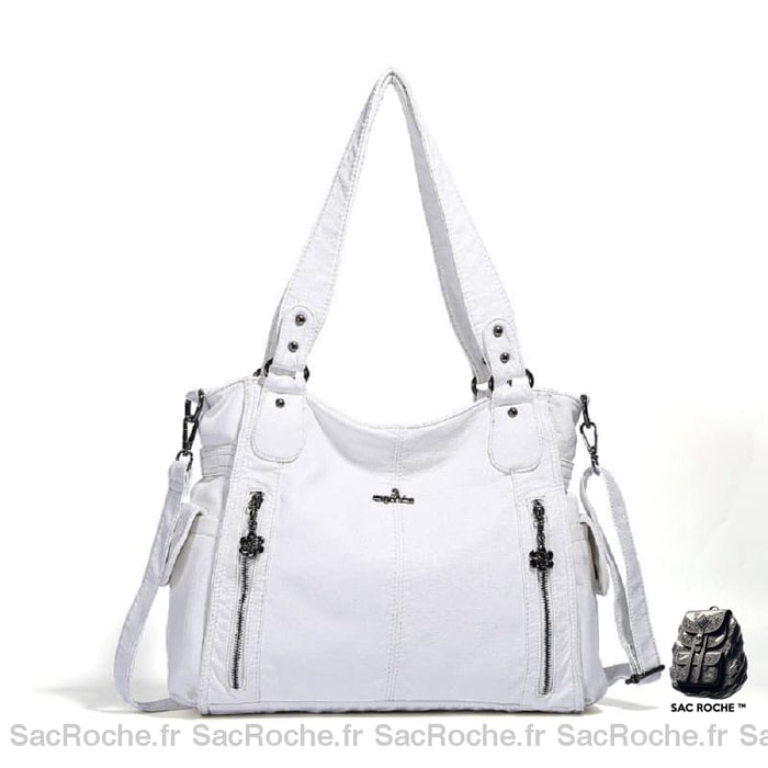 Sac Main Cuir Femme Vintage Blanc / 34X13X30Cm À