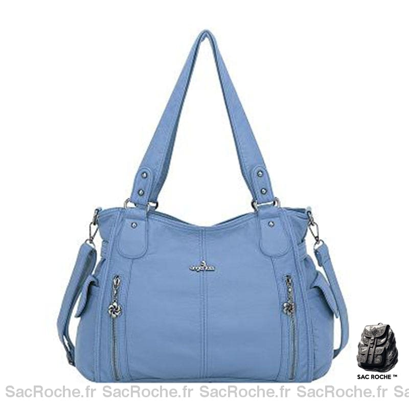 Sac Main Cuir Femme Vintage Bleu / 34X13X30Cm À