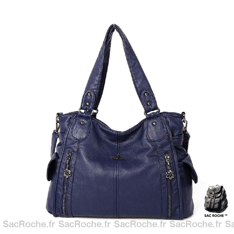 Sac Main Cuir Femme Vintage Bleu Marine / 34X13X30Cm À