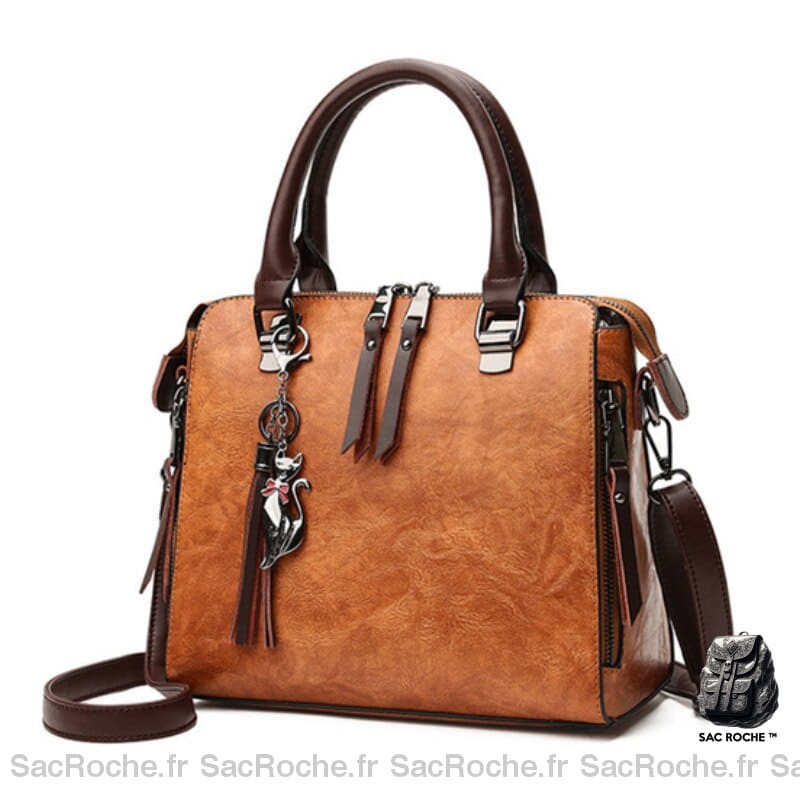 Sac Main Cuir Femme Vintage Camel / 24X13X23Cm À