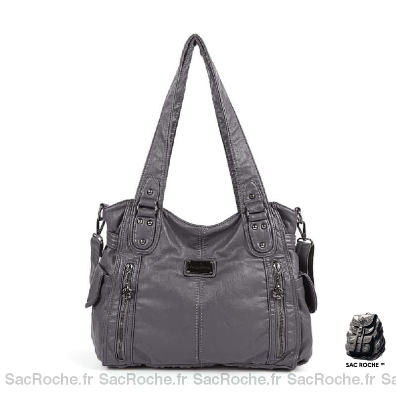 Sac Main Cuir Femme Vintage Gris Argenté / 34X13X30Cm À