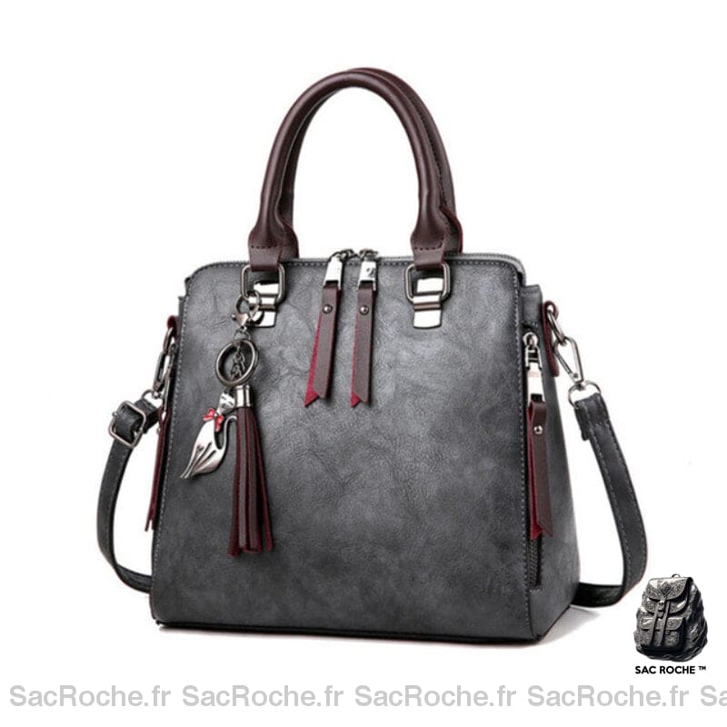 Sac Main Cuir Femme Vintage Gris Foncé / 24X13X23Cm À