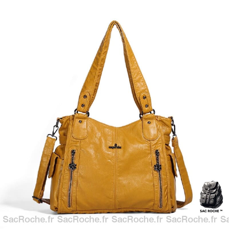 Sac Main Cuir Femme Vintage Jaune / 34X13X30Cm À