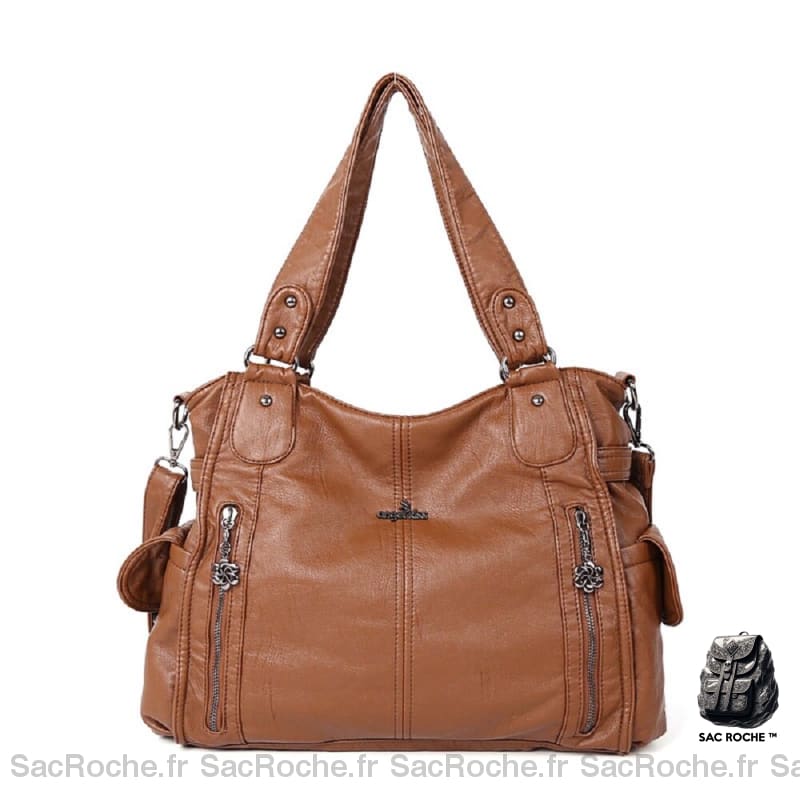 Sac Main Cuir Femme Vintage Marron / 34X13X30Cm À