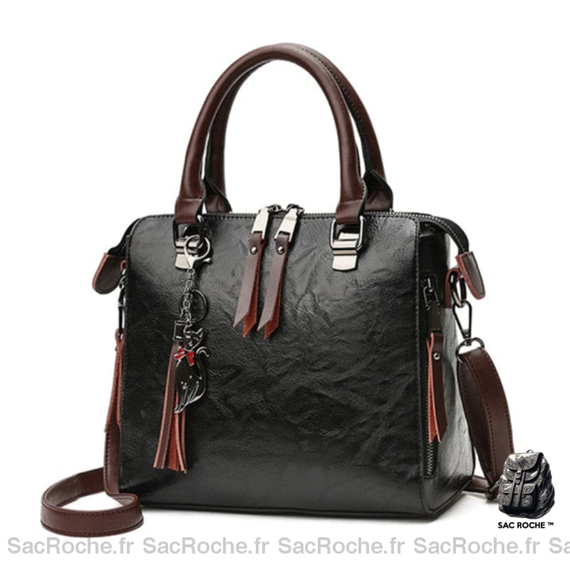 Sac Main Cuir Femme Vintage Noir / 24X13X23Cm À