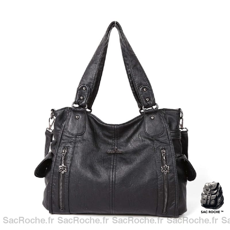 Sac Main Cuir Femme Vintage Noir / 34X13X30Cm À