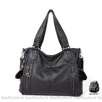 Sac Main Cuir Femme Vintage - modèle Noir / 34x13x30cm - Sac Roche ™