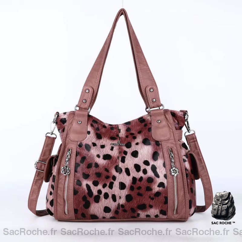 Sac Main Cuir Femme Vintage Rose Léopard / 34X13X30Cm À