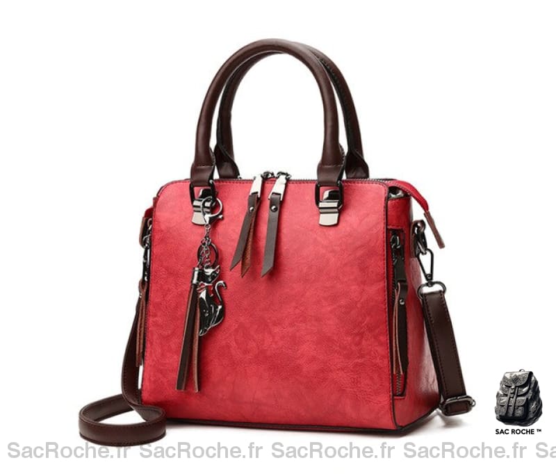 Sac Main Cuir Femme Vintage Rouge / 24X13X23Cm À