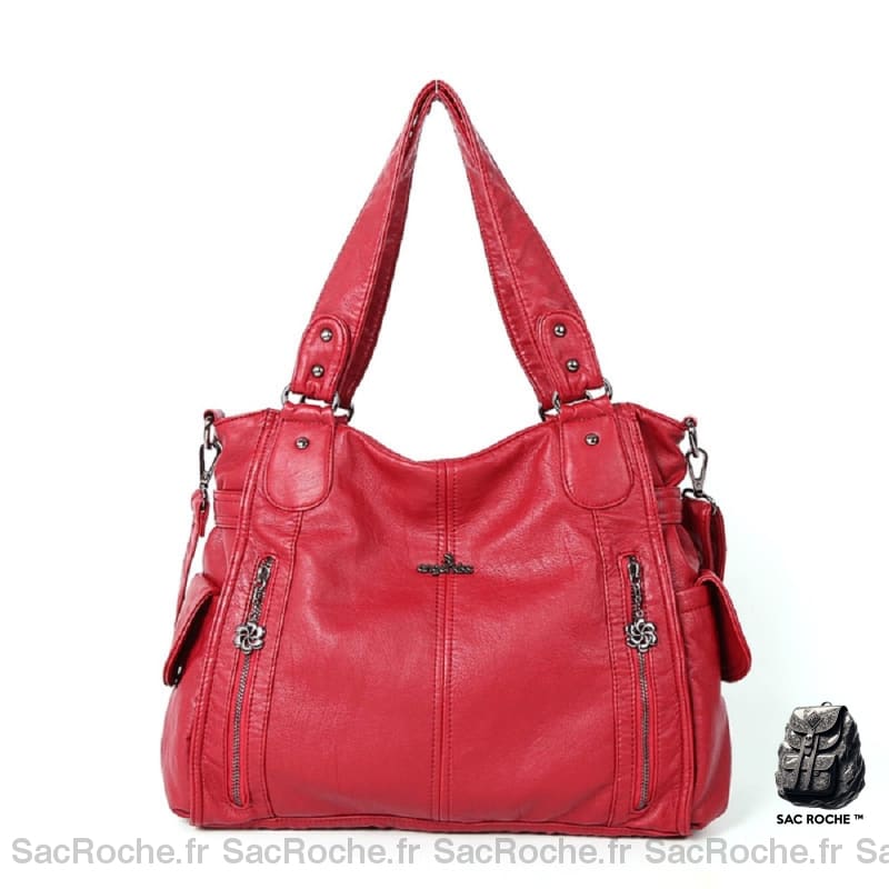 Sac Main Cuir Femme Vintage Rouge / 34X13X30Cm À